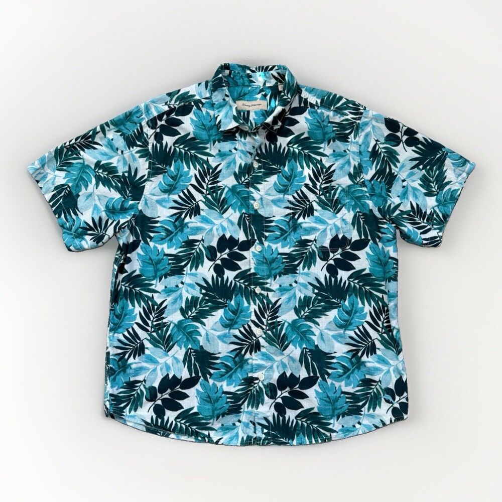 Tommy Bahama Mens XL Tropical Leaf Shirt 100% Cotton Blue Green Hawaiian Resort